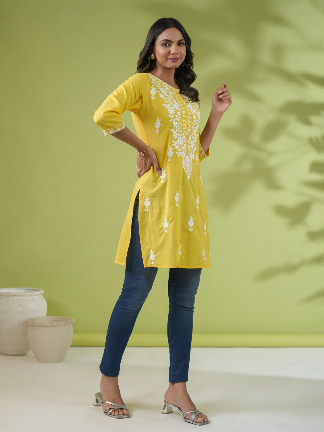 Yellow Cotton Chikankari Tunic  - By Janasya