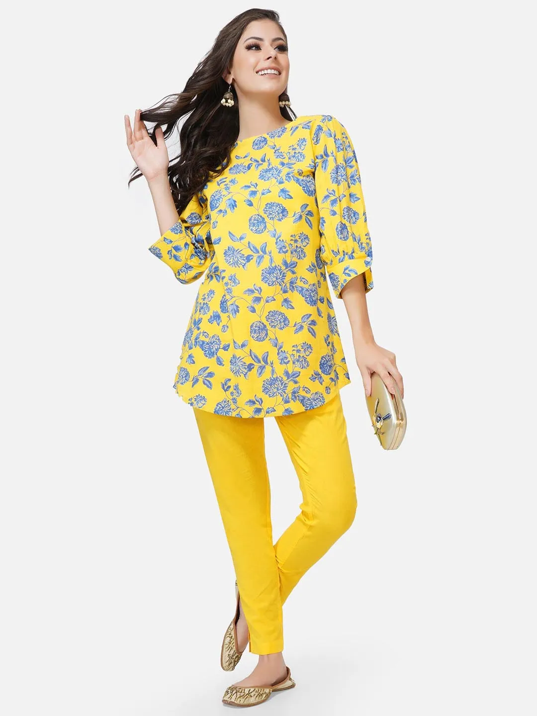 Yellow Printed Stylised Sleeves Tunic