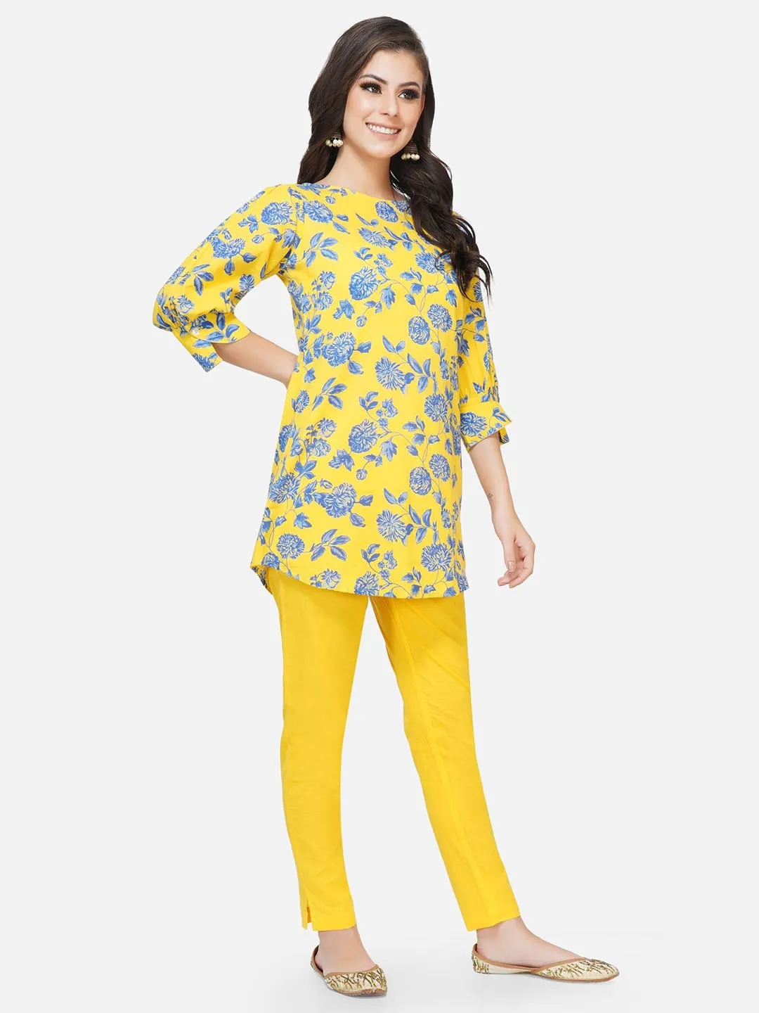 Yellow Printed Stylised Sleeves Tunic