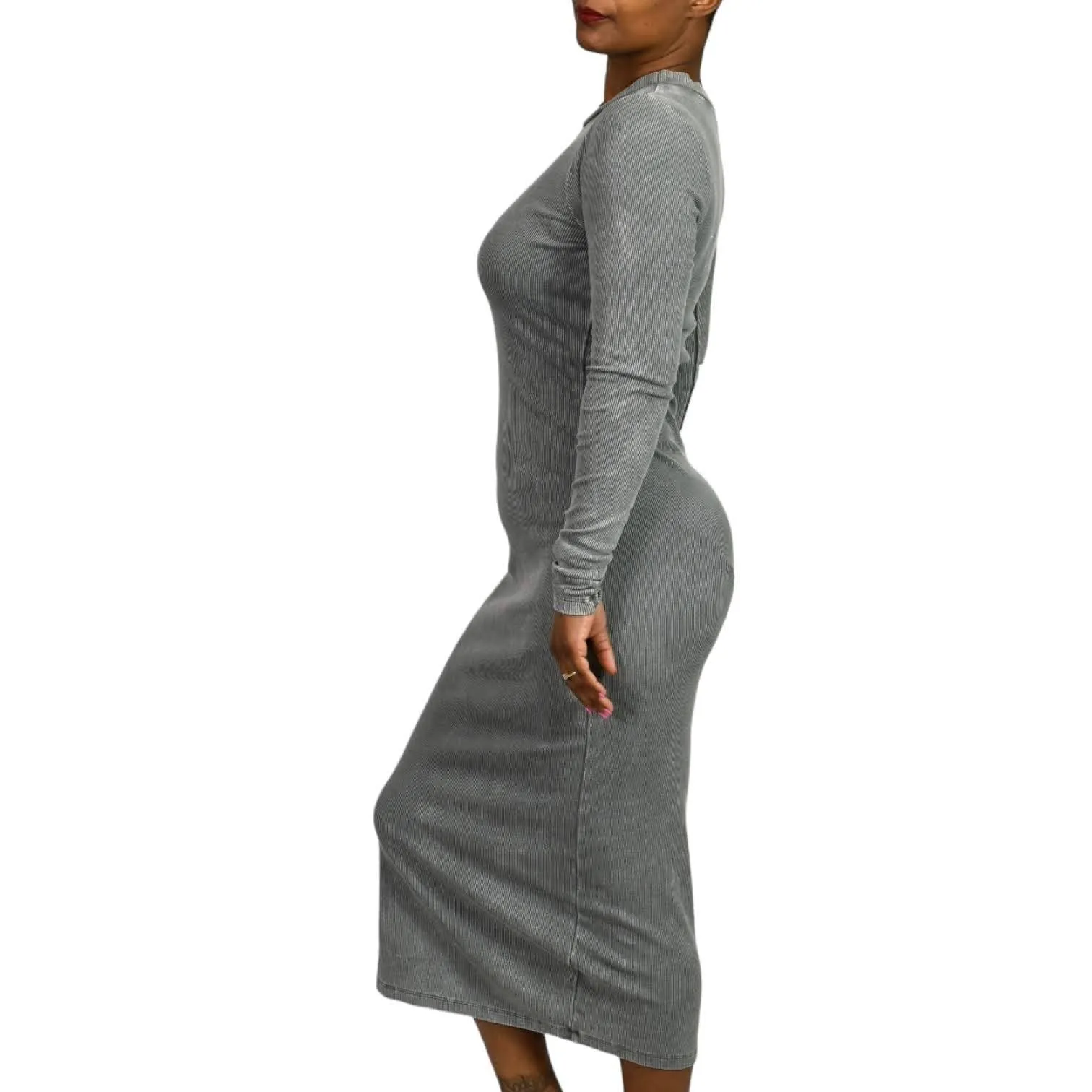 Young Fabulous Broke Dax Midi Dress Grey Ribbed Column Bodycon Slim Size Small