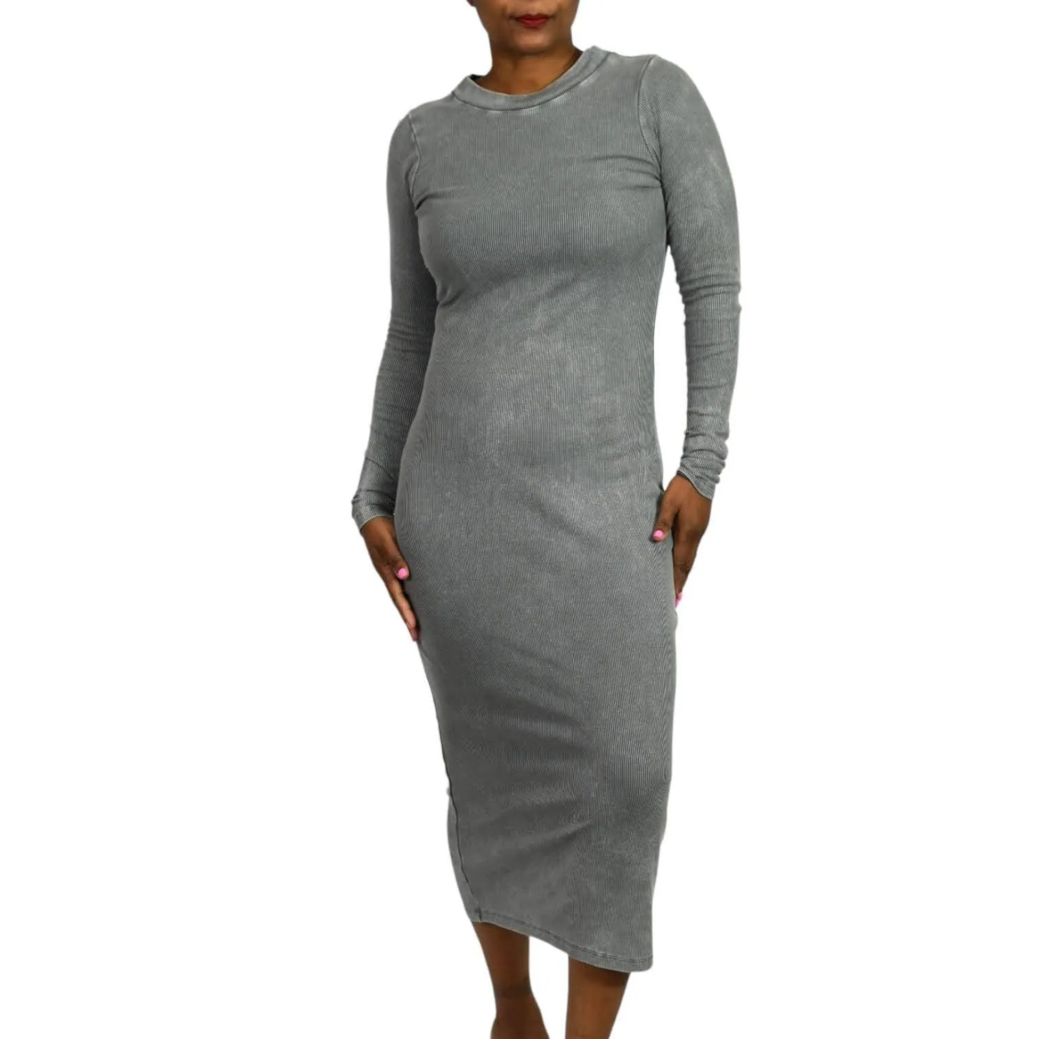 Young Fabulous Broke Dax Midi Dress Grey Ribbed Column Bodycon Slim Size Small
