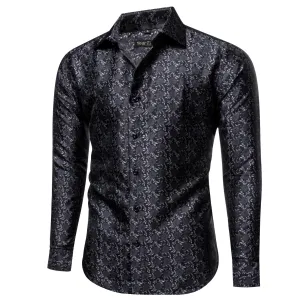 YourTies Men's Floral Shirt Long Sleeve Black Grey Jacquard Silk Shirt