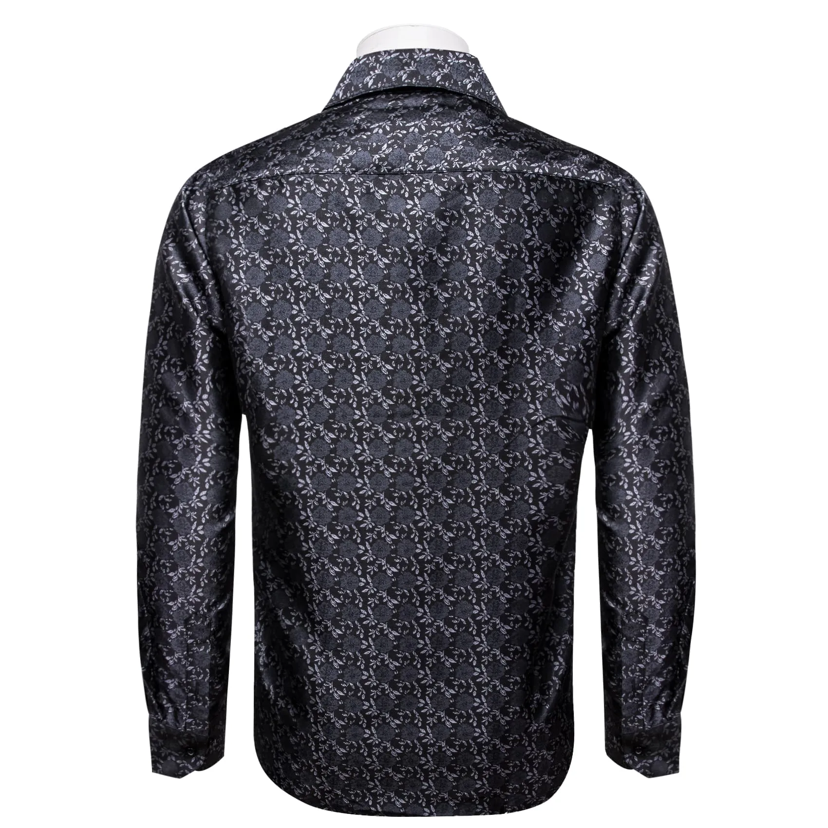 YourTies Men's Floral Shirt Long Sleeve Black Grey Jacquard Silk Shirt