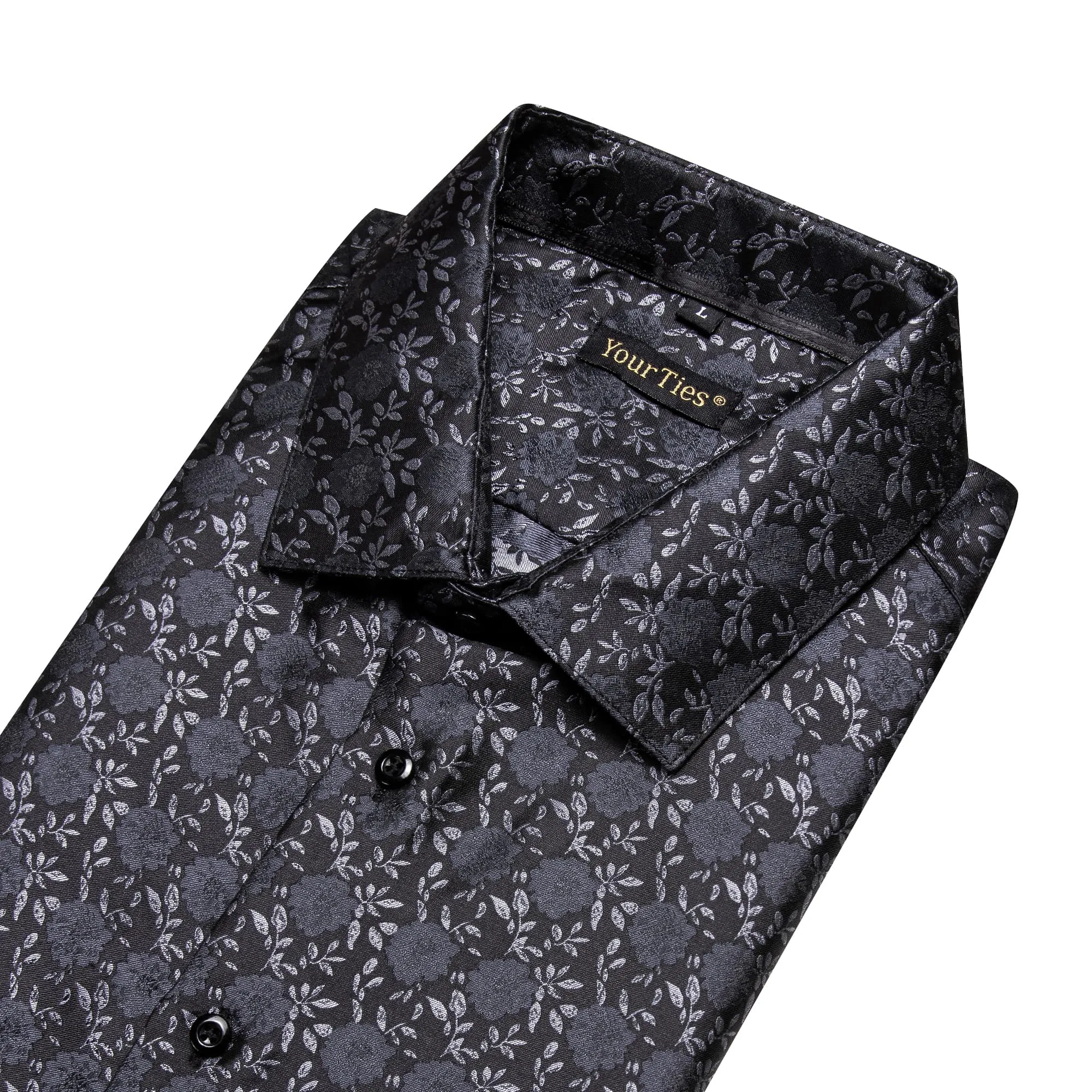 YourTies Men's Floral Shirt Long Sleeve Black Grey Jacquard Silk Shirt