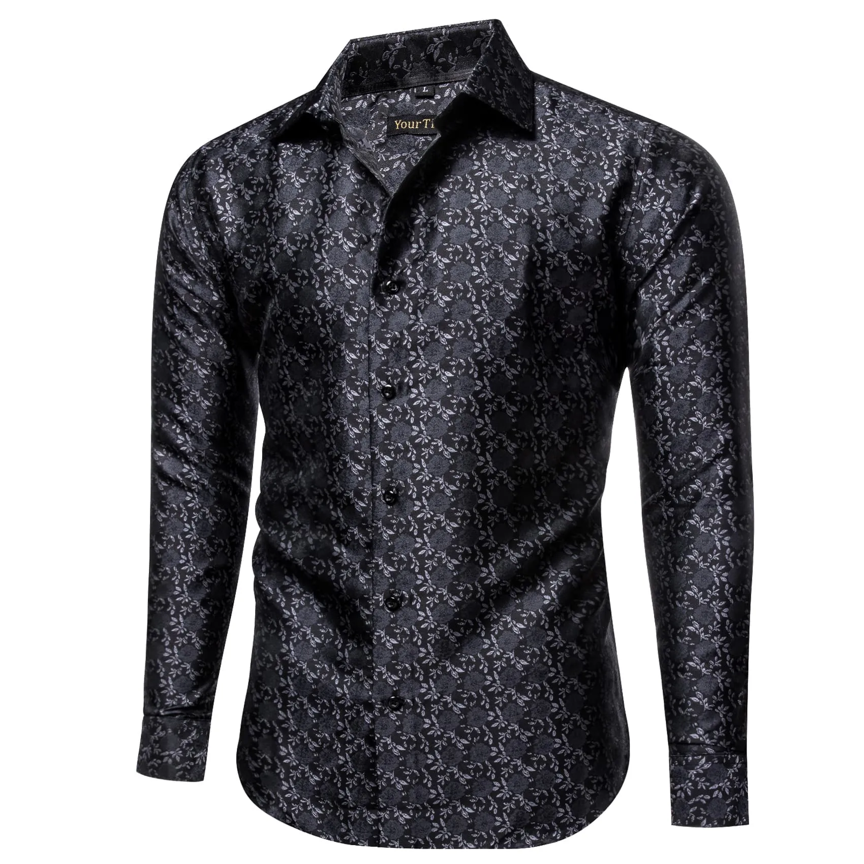 YourTies Men's Floral Shirt Long Sleeve Black Grey Jacquard Silk Shirt
