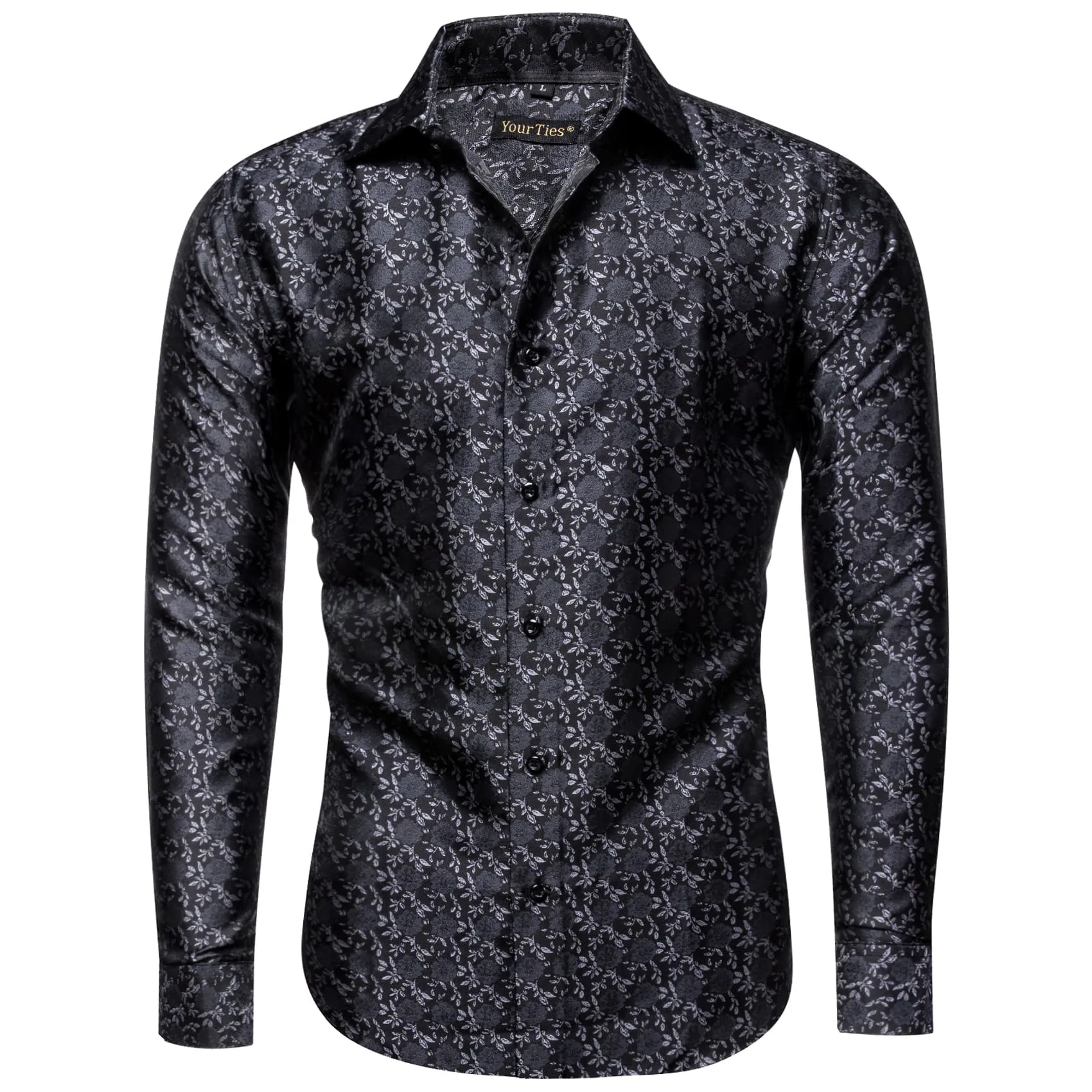 YourTies Men's Floral Shirt Long Sleeve Black Grey Jacquard Silk Shirt
