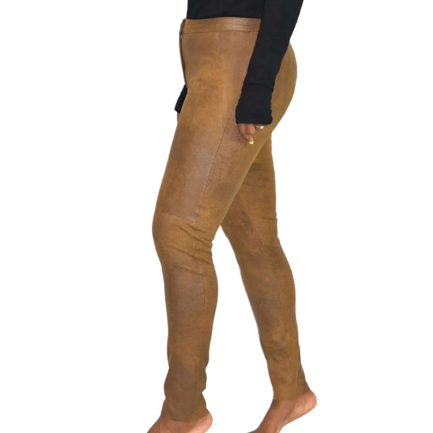 Zara Faux Suede Pants Brown Aged Patina Worn Luggage Distressed Slim Ankle High Rise Size Medium