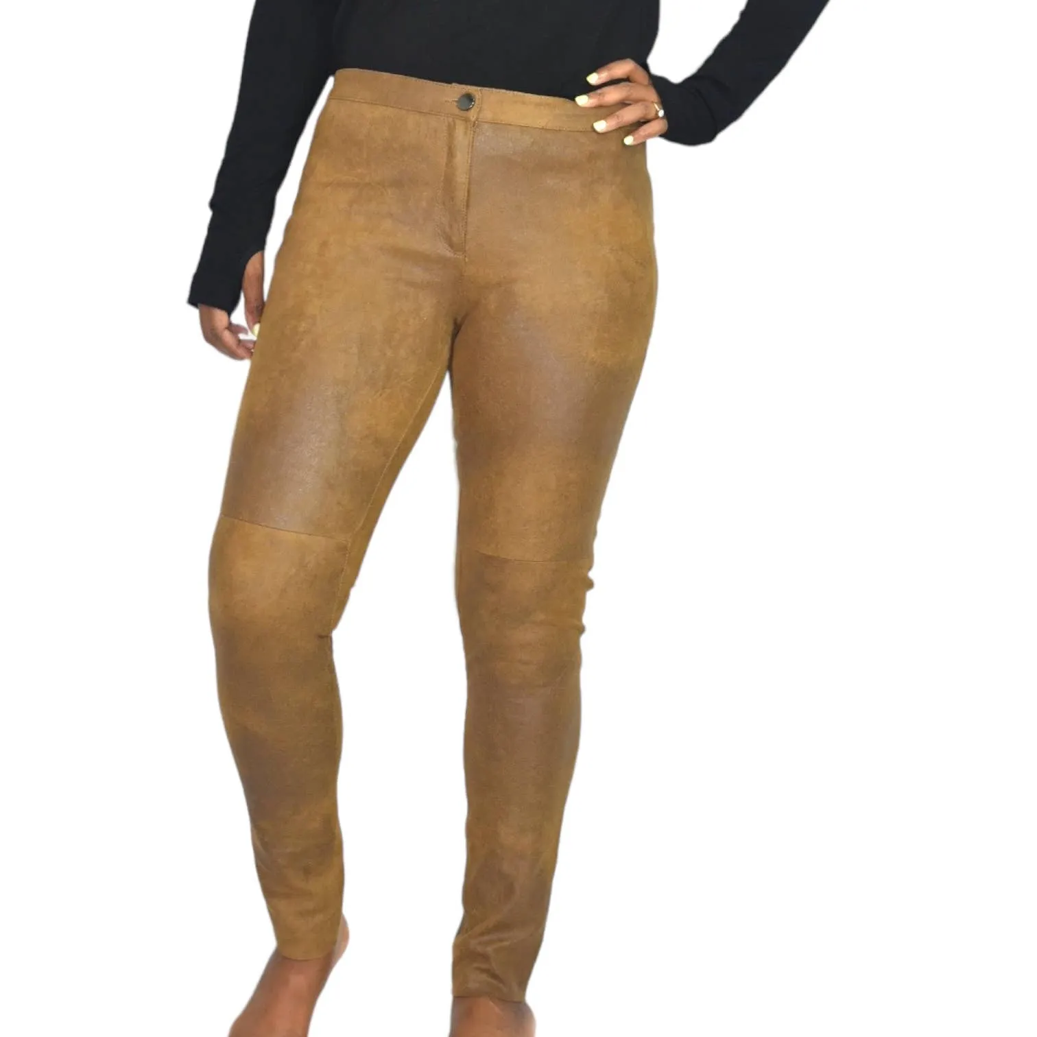 Zara Faux Suede Pants Brown Aged Patina Worn Luggage Distressed Slim Ankle High Rise Size Medium