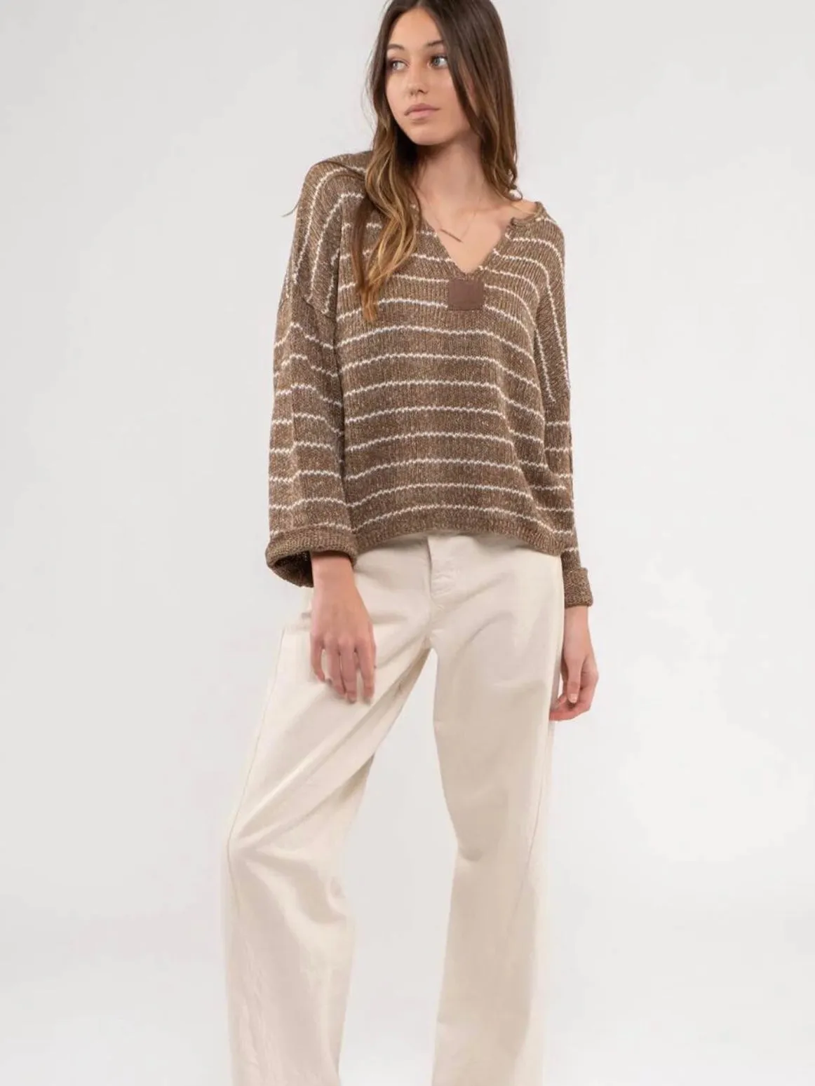 Zariyah Striped Drop Shoulder Knit Sweater - Brown