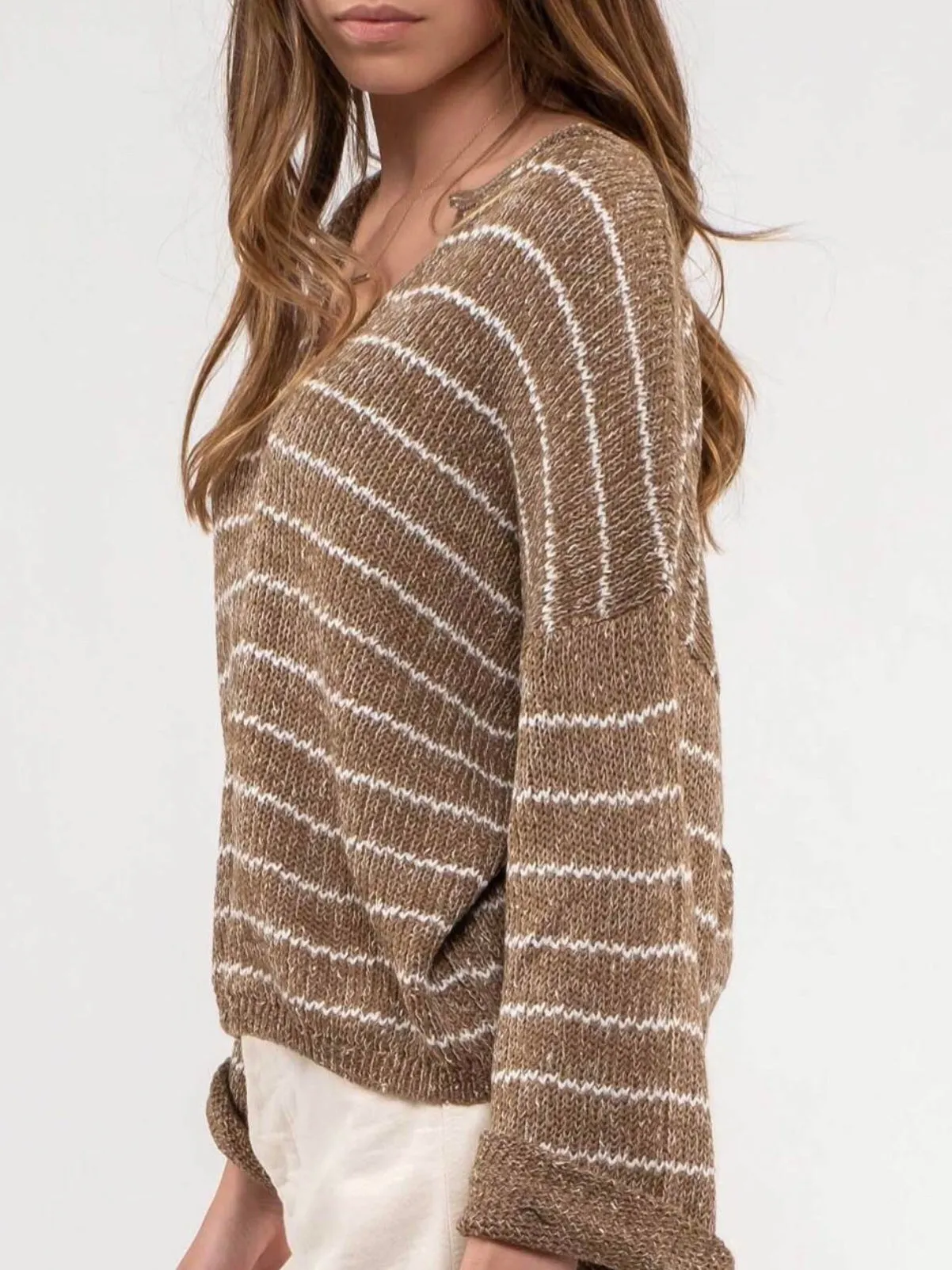 Zariyah Striped Drop Shoulder Knit Sweater - Brown