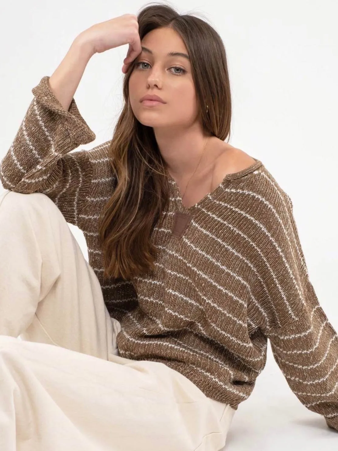 Zariyah Striped Drop Shoulder Knit Sweater - Brown