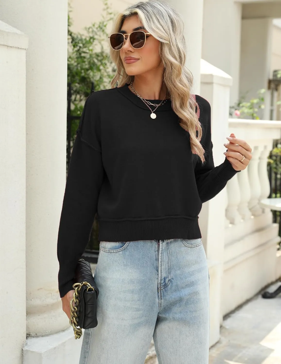 Zeagoo Womens 2024 Fall Crewneck Cropped Sweater